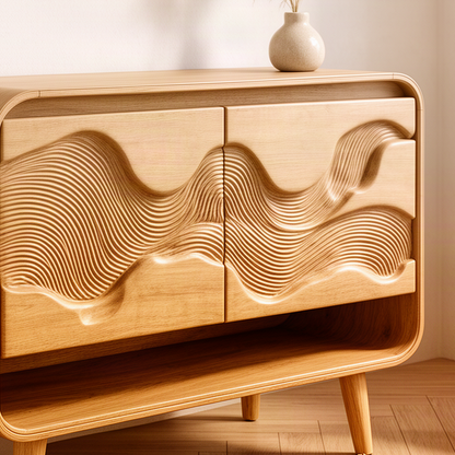 Close-up of the Contoura Oak vanity showing fine hand-carved layered wave contours across both cabinet doors