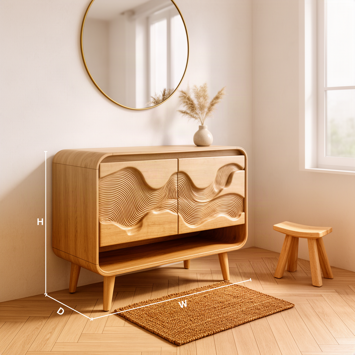 Contoura sculptural wood bathroom vanity dimension guide showing width, height and depth to choose the right size