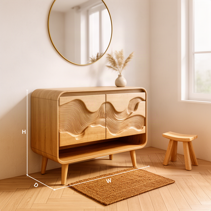 Contoura sculptural wood bathroom vanity dimension guide showing width, height and depth to choose the right size