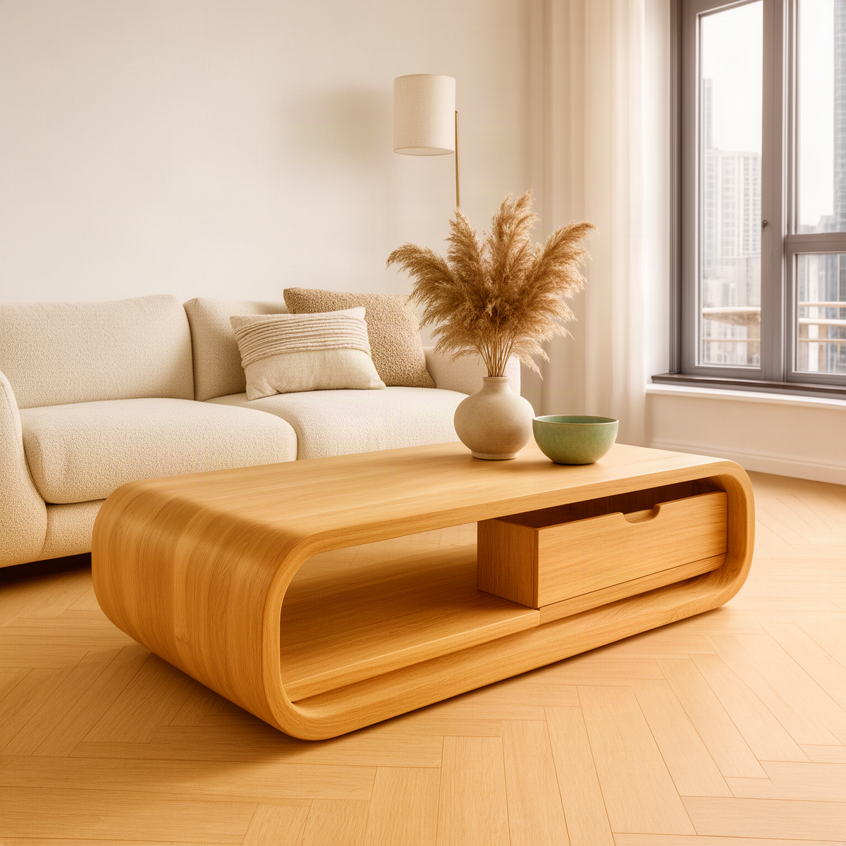 Capsula coffee table in Oak solid wood, a rounded loop frame with pull-out drawer and open shelf in a bright living room
