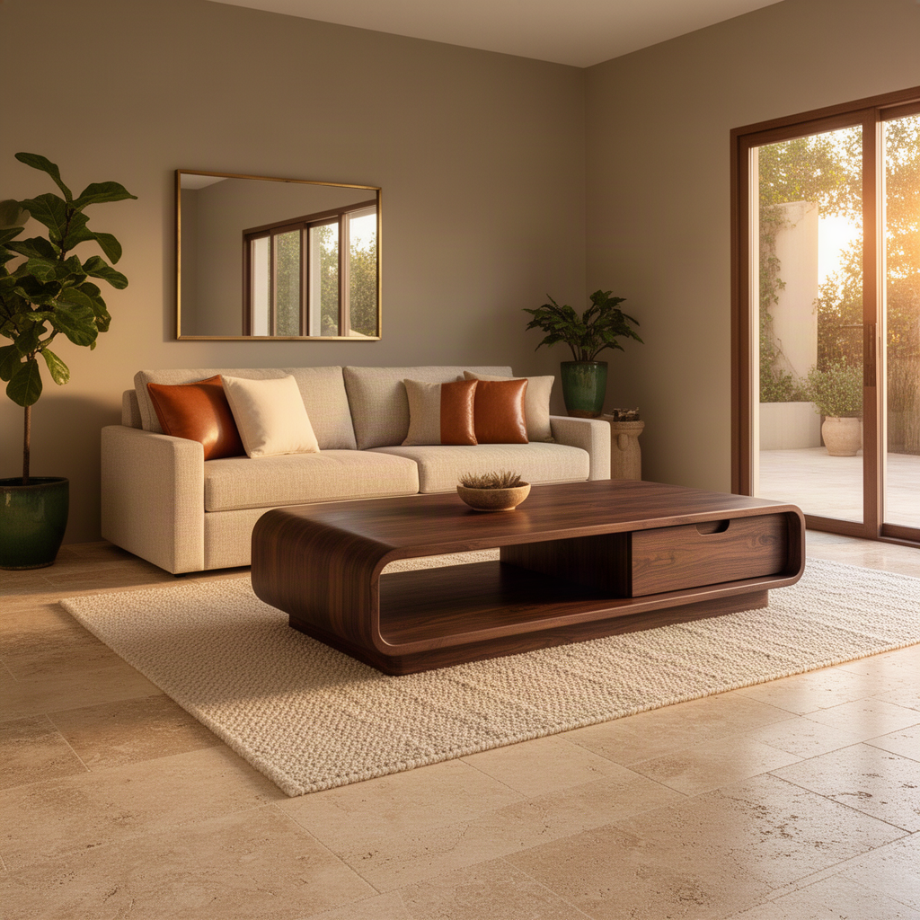 Capsula sculptural wood coffee table in Walnut with a curved capsule frame, hidden drawer and open lower shelf