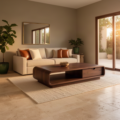 Capsula sculptural wood coffee table in Walnut with a curved capsule frame, hidden drawer and open lower shelf