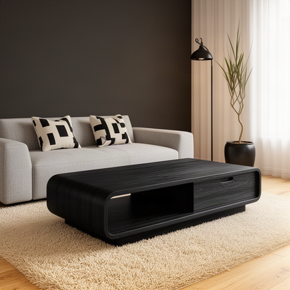 Capsula sculptural coffee table in Black solid wood with a continuous loop frame and storage drawer
