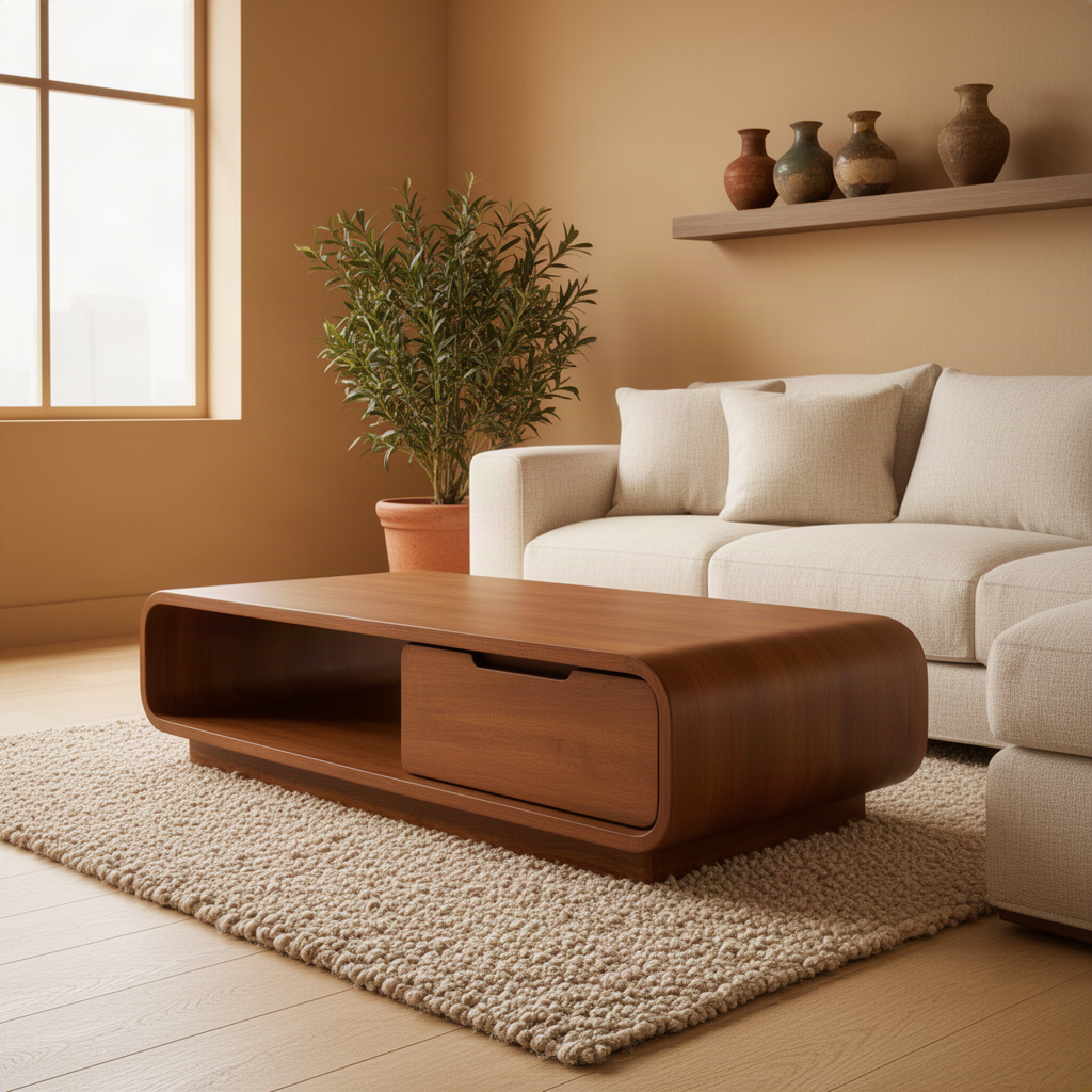 Capsula wood coffee table in a warm living room on a cream rug in front of a white sofa, showing its drawer front
