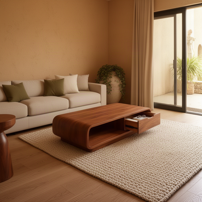 Capsula wood coffee table with its drawer pulled open to show storage, styled in a Mediterranean living room
