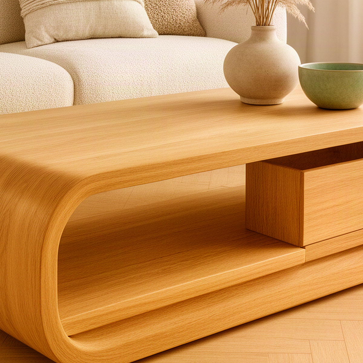 Close-up of the Capsula Oak coffee table showing the smooth rounded loop edge, drawer and natural wood grain