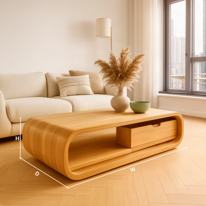 Capsula sculptural wood coffee table dimension guide showing width, depth and height to choose the right size