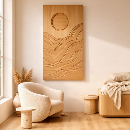 Solmira wood wall art in Oak, a hand-carved sun and flowing wave relief panel above a cozy bedroom reading chair