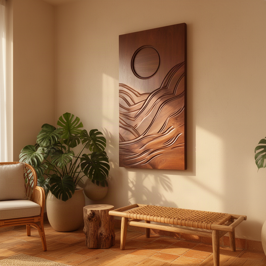 Solmira carved wood wall panel in Brown finish showing a recessed sun above sweeping ocean wave ridges