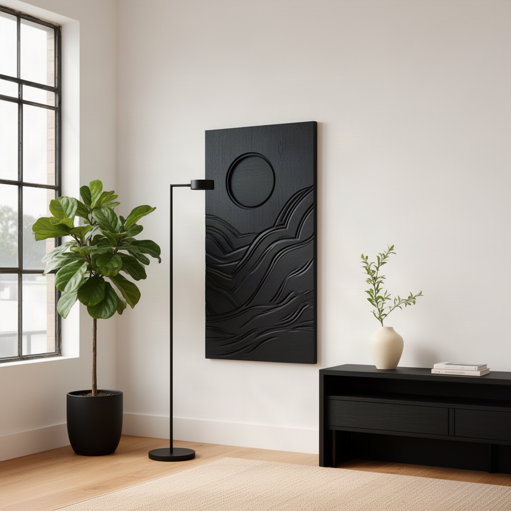 Solmira sculptural wood wall art in Black, a tall sun and wave relief panel for a modern minimalist interior