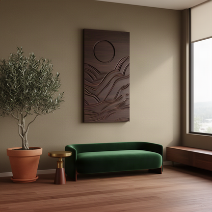 Solmira dark wood sun and wave relief hanging above a green velvet sofa beside an olive tree in a calm living room