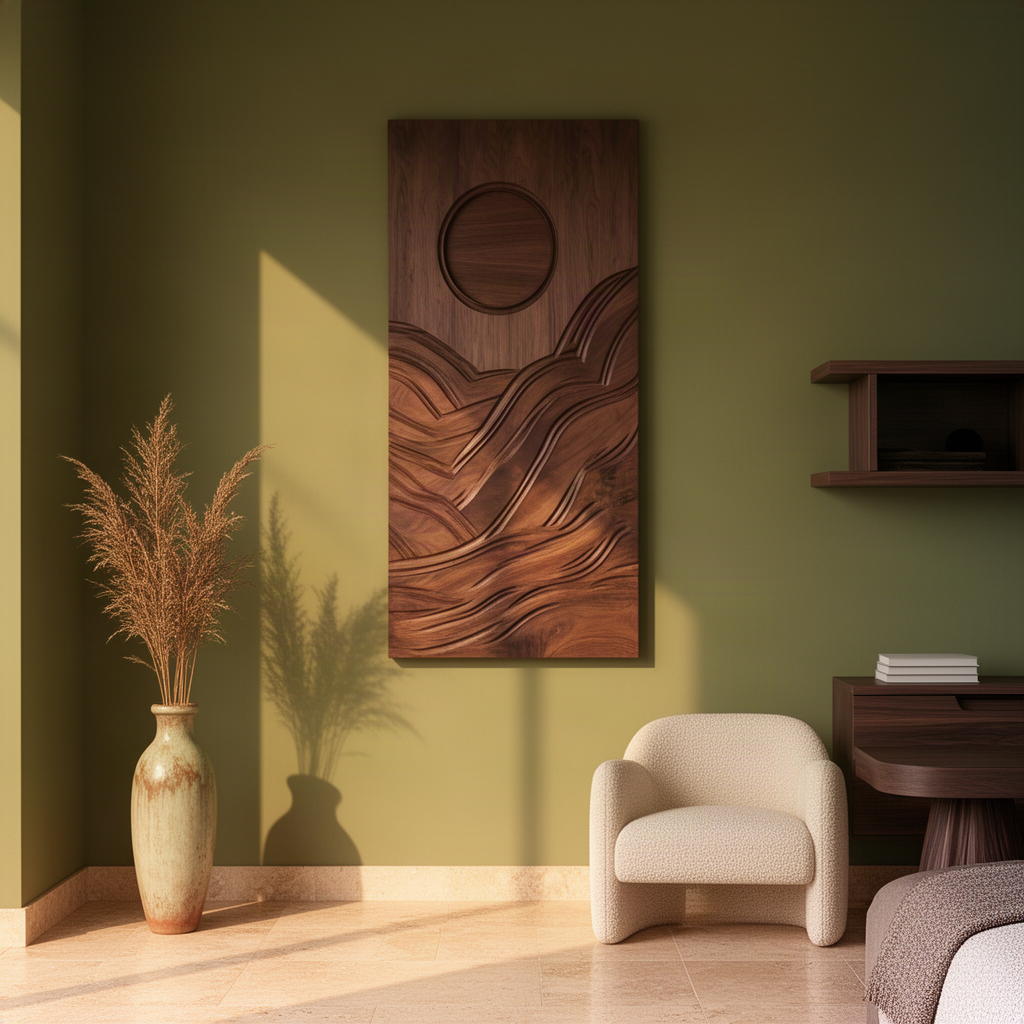 Solmira Walnut wall art in warm sunlight on an olive green bedroom wall, a carved sun over flowing wave lines
