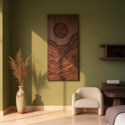 Solmira Walnut wall art in warm sunlight on an olive green bedroom wall, a carved sun over flowing wave lines