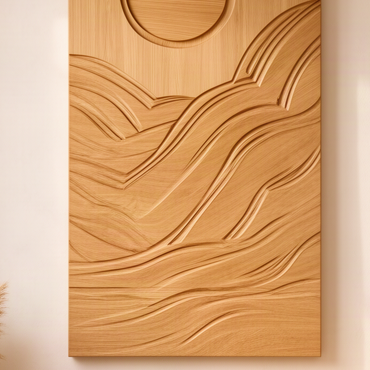 Close-up of the Solmira Oak wall art showing hand-carved layered wave ridges, the sun edge and natural wood grain