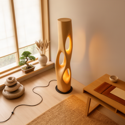 Trielle floor lamp in Oak solid wood, a carved column with three glowing oval openings in a calm Japandi study