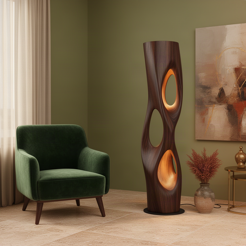 Trielle sculptural wood floor lamp in Walnut with three large carved openings casting warm ambient light