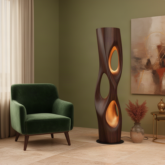 Trielle sculptural wood floor lamp in Walnut with three large carved openings casting warm ambient light