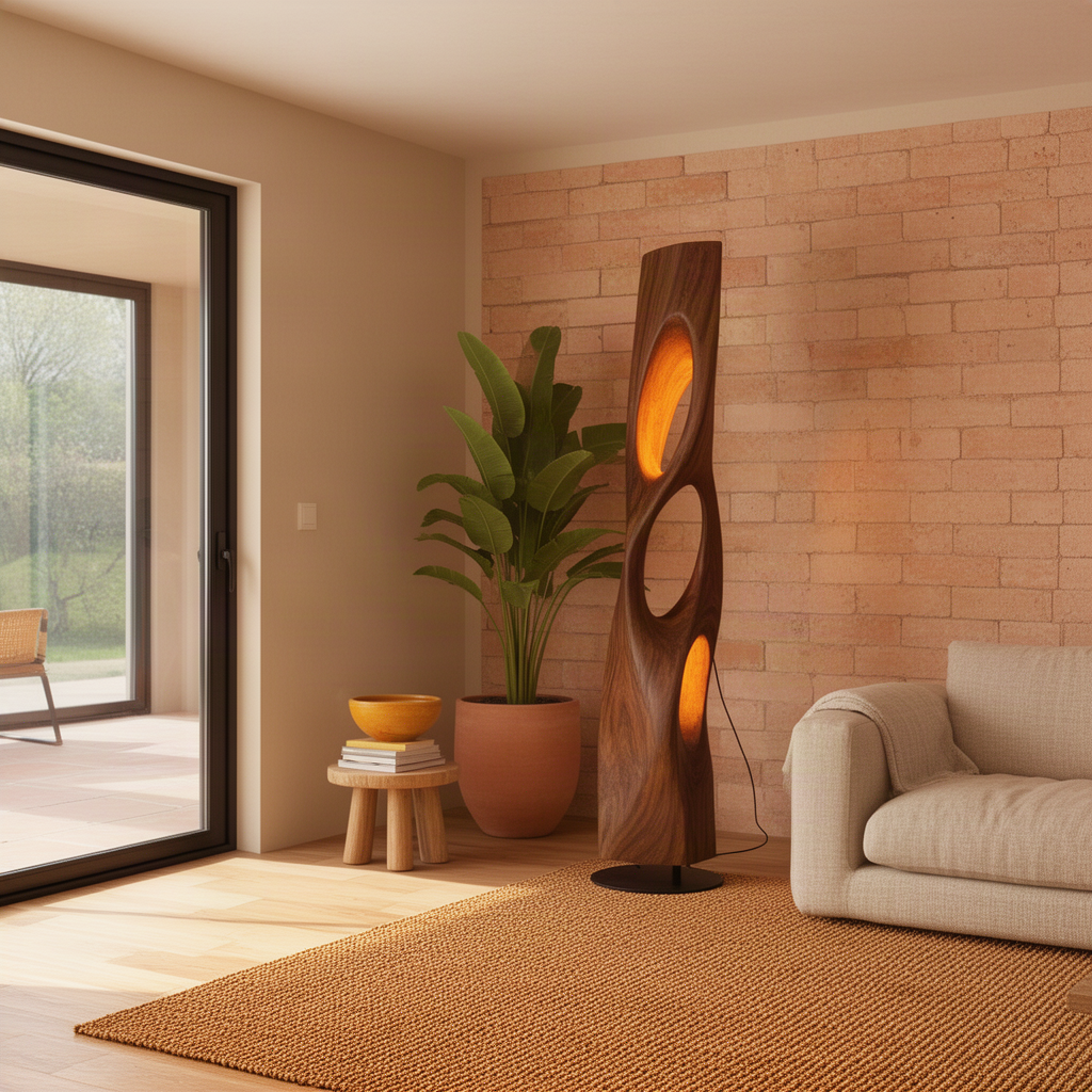 Trielle carved wood column lamp in Brown finish with flowing oval cut-outs and a slim round base