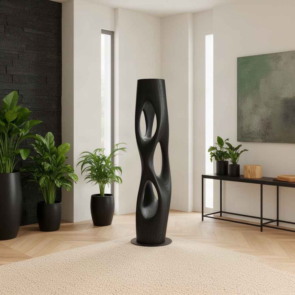 Trielle sculptural floor lamp in Black solid wood with three glowing openings, a modern statement light