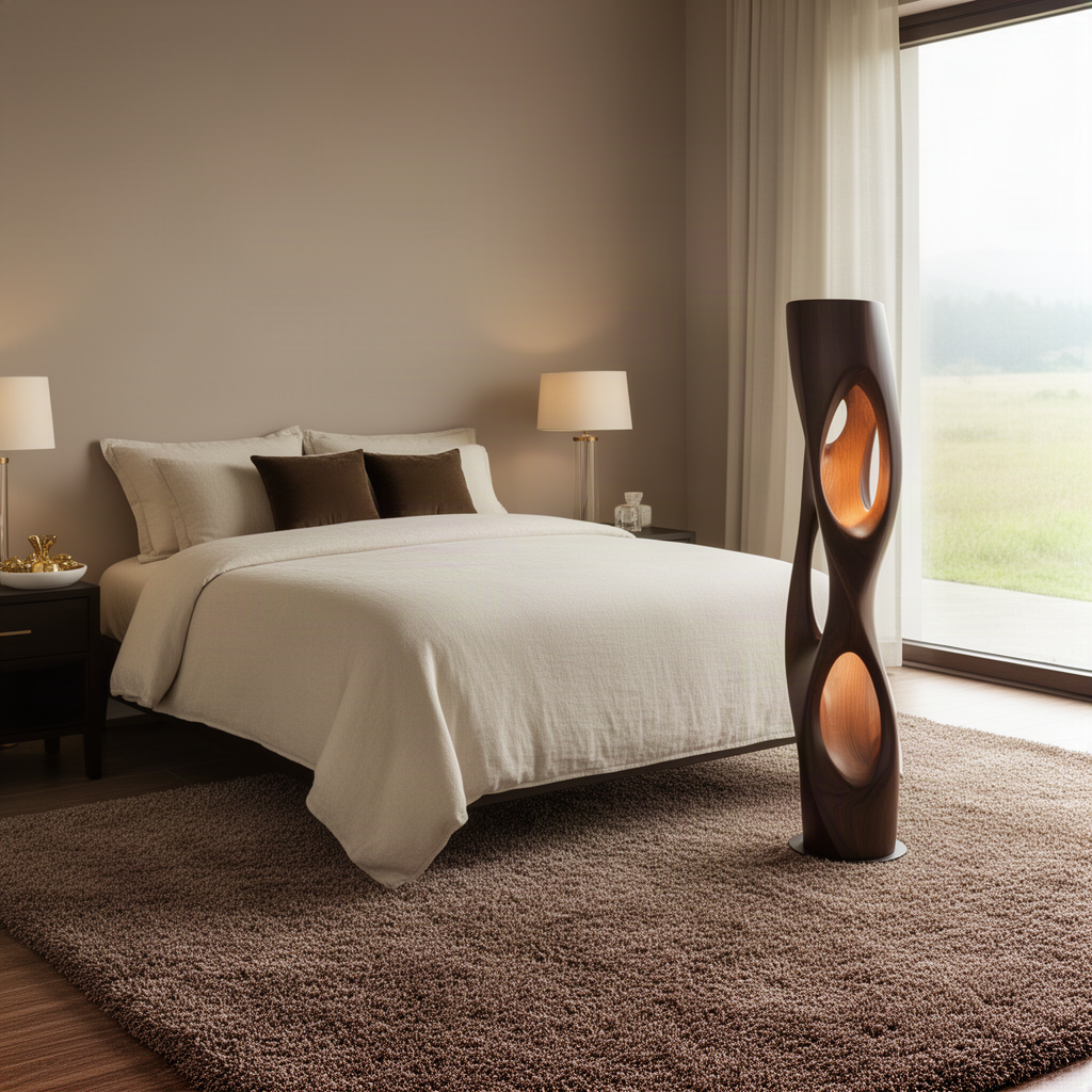 Trielle dark wood floor lamp glowing beside the bed in a serene bedroom with a soft rug and large window