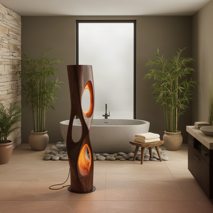 Trielle carved wood floor lamp lighting a spa-style bathroom with a freestanding tub, bamboo and stone