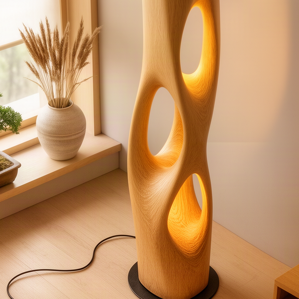 Close-up of the Trielle Oak lamp showing smooth carved oval openings, warm inner glow and natural wood grain