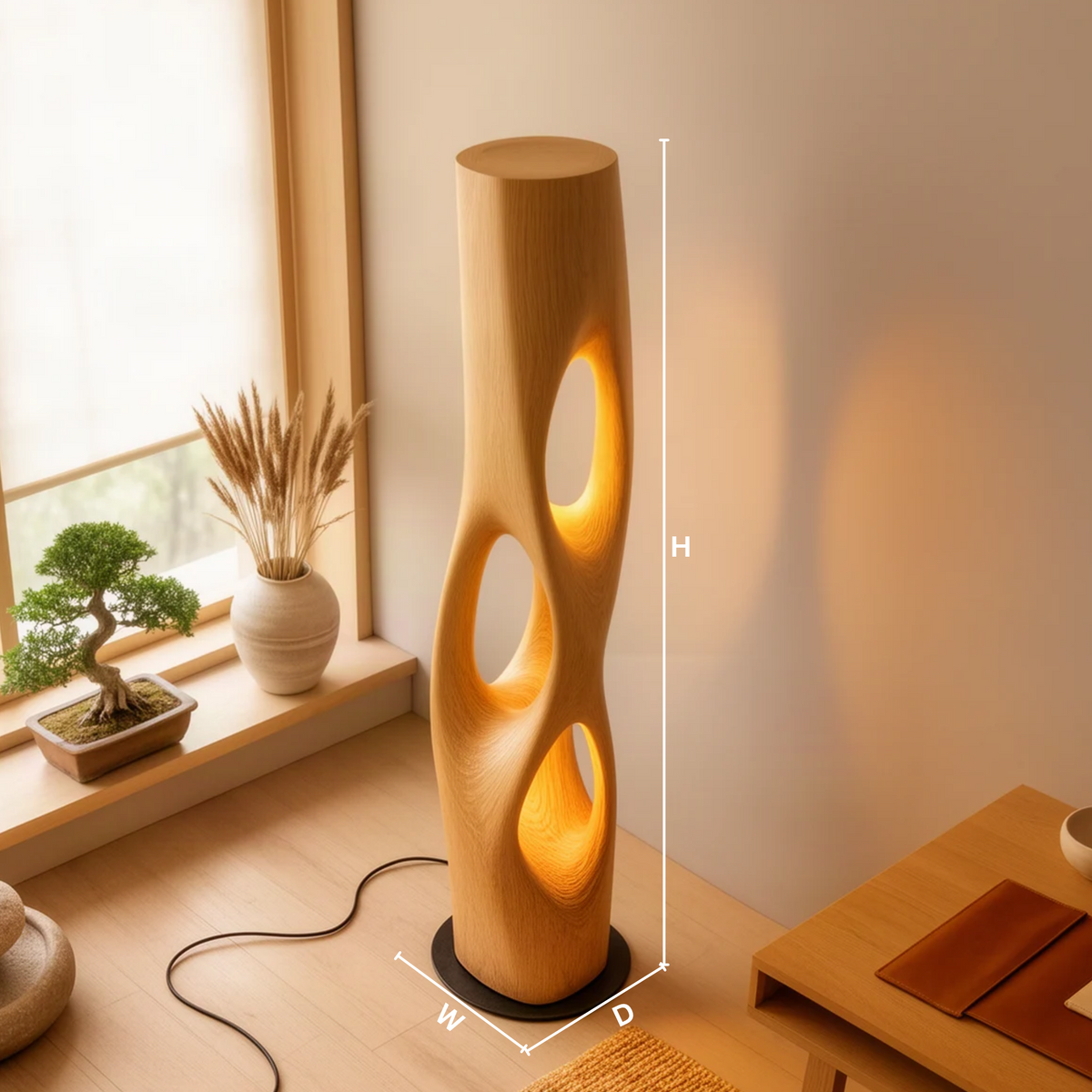 Trielle sculptural wood floor lamp dimension guide showing height and width to help choose the right size