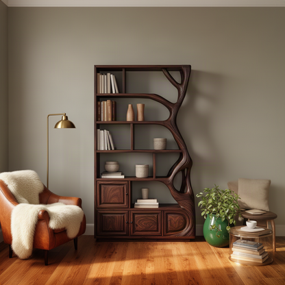 Sylvara sculptural wood bookshelf in Walnut, a tree branch bookcase with open shelves and a closed base cabinet