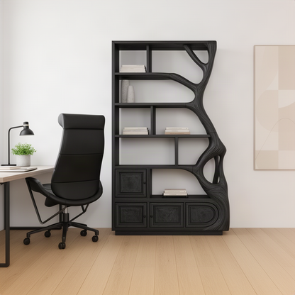 Sylvara sculptural tree bookshelf in Black solid wood beside a desk, with branching shelves and lower doors