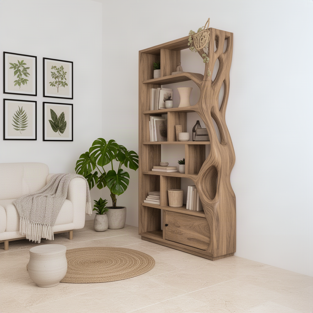 Sylvara tree bookshelf styled with books and plants in a bright living room beside a sofa and botanical prints