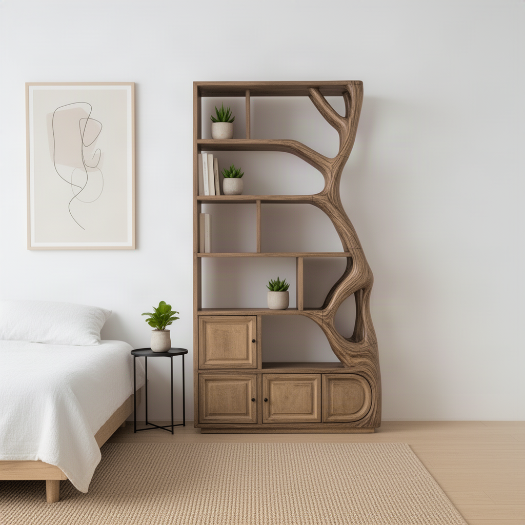 Sylvara wood tree bookcase in a calm bedroom, showing open display shelves and three cabinet doors at the base