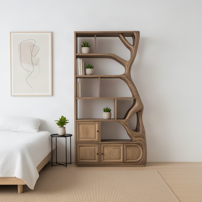 Sylvara wood tree bookcase in a calm bedroom, showing open display shelves and three cabinet doors at the base