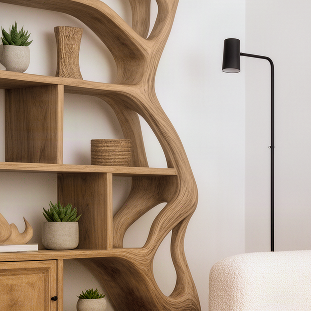 Close-up of the Sylvara Natural bookshelf showing hand-carved branches curving between shelves and wood grain