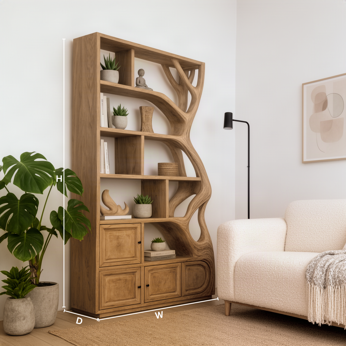 Sylvara sculptural wood tree bookshelf dimension guide showing height, width and depth to choose the right size