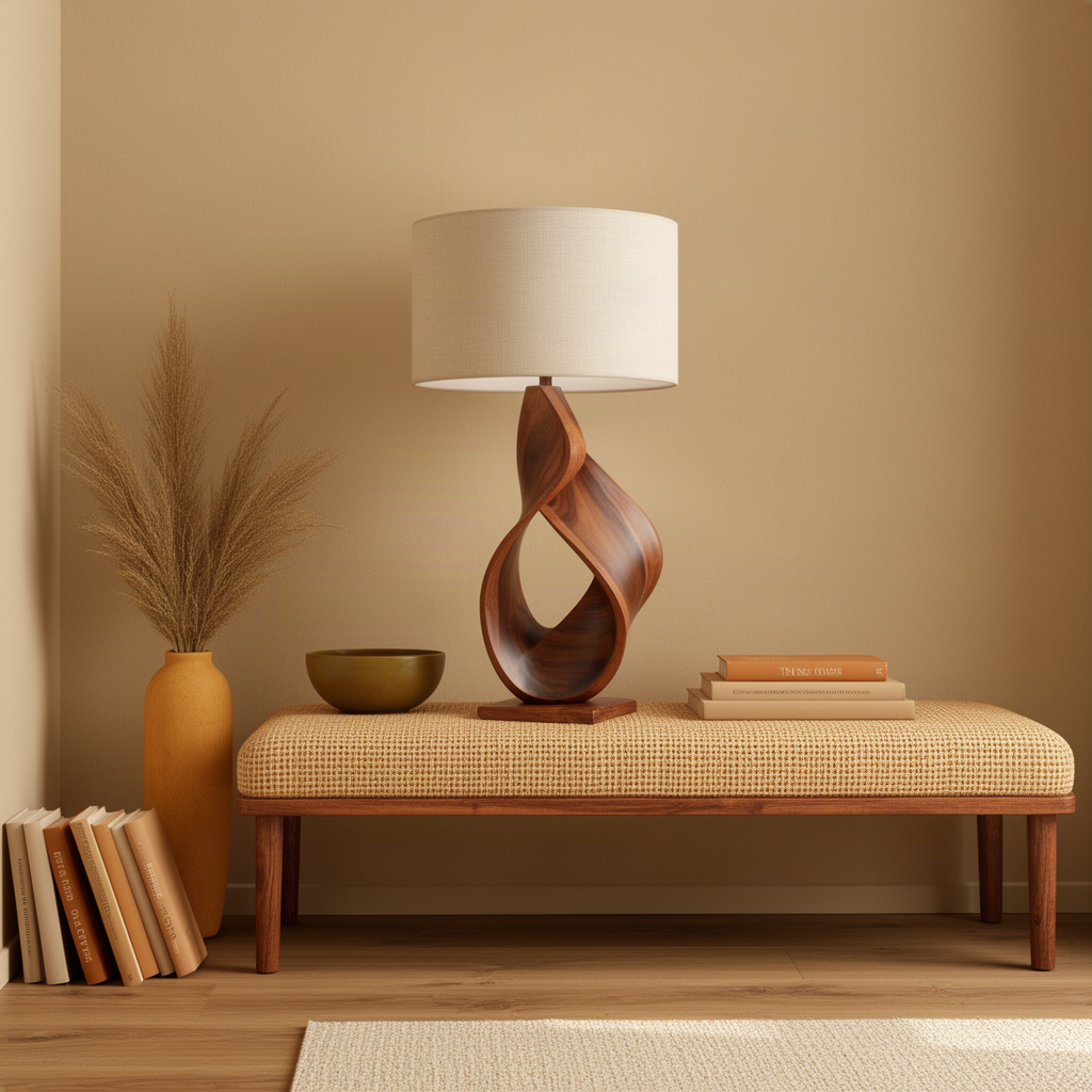 Infinia twisted wood table lamp in Brown finish with an open ribbon loop base and warm drum shade