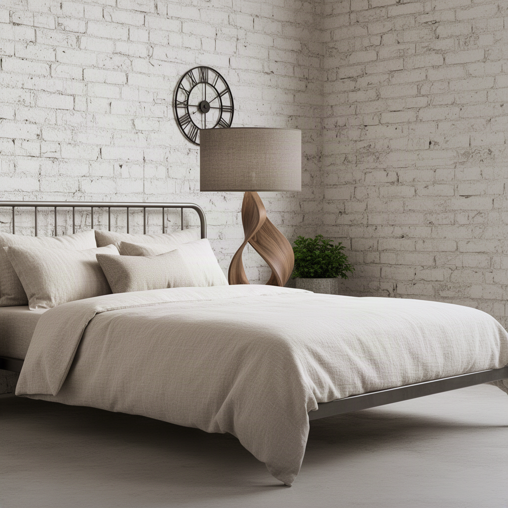 Infinia wood table lamp on a bedside table in a white brick bedroom, its twisted base under a drum shade
