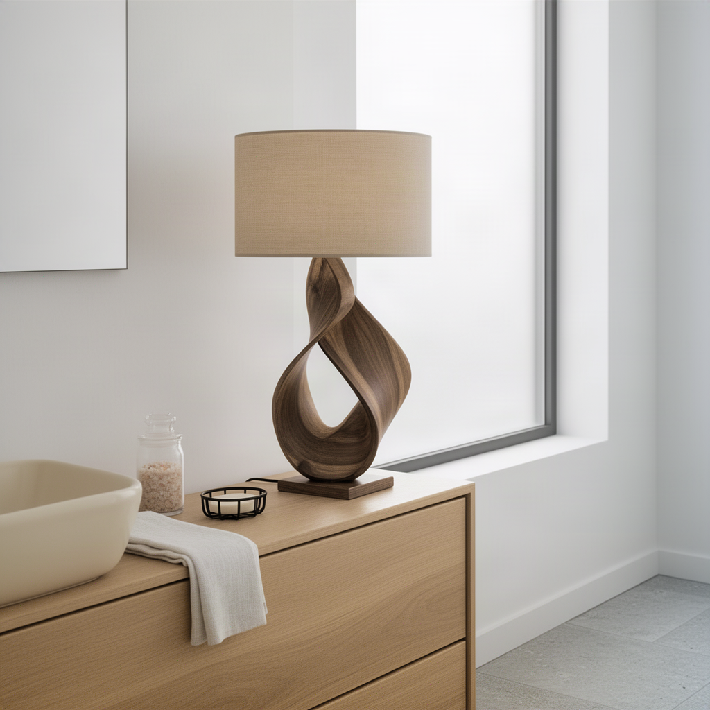 Infinia Walnut table lamp styled on a light wood counter with a towel and candle in a calm minimalist room