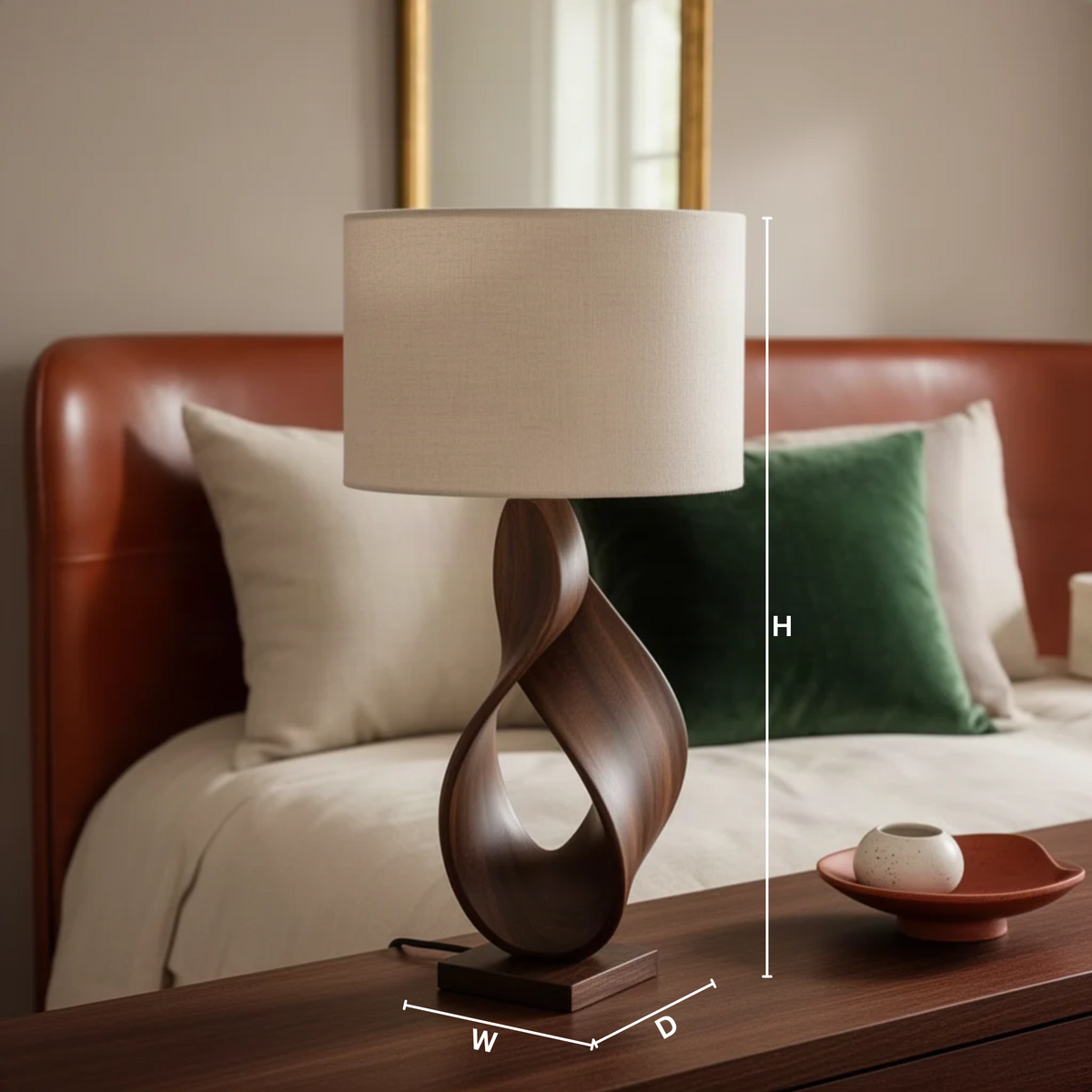 Infinia sculptural wood table lamp dimension guide showing height, width and depth to choose the right size