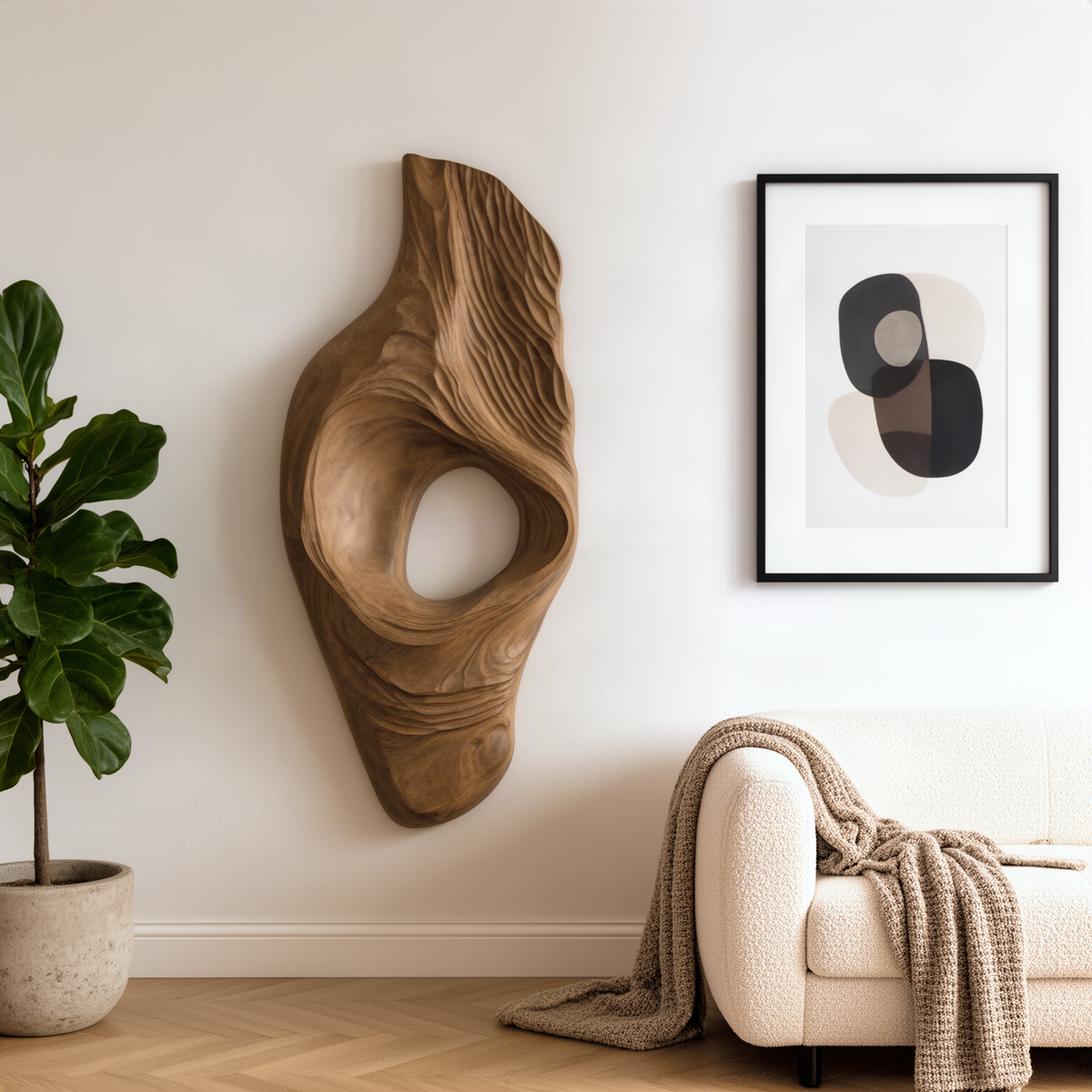 Driftara wood wall art in Natural finish, a free-form organic relief with a carved opening above a cream sofa