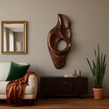 Driftara sculptural wall art in Walnut solid wood with a driftwood-like outline and deep carved center opening