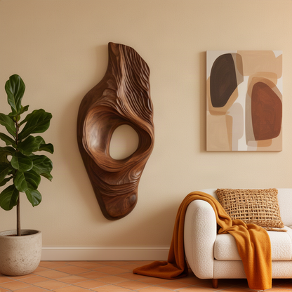 Driftara carved wood wall sculpture in Brown finish with layered ridges and an open void at its heart
