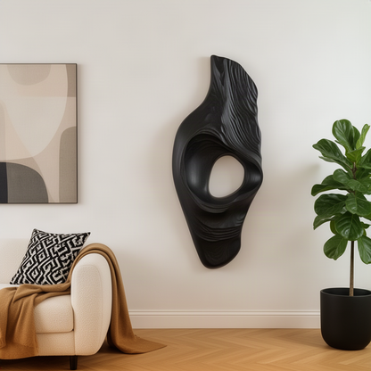Driftara sculptural wood wall art in Black, a tall free-form relief with a carved opening for modern walls