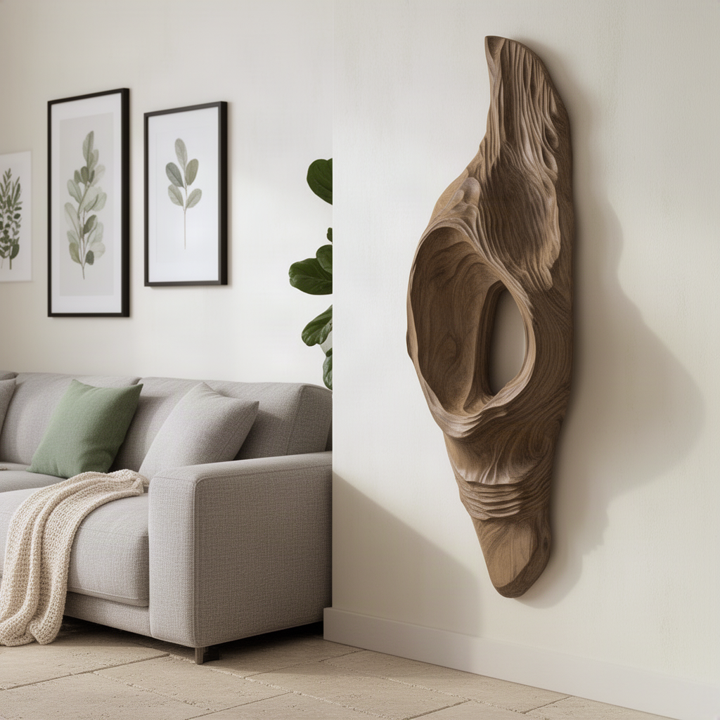 Side view of the Driftara wood wall sculpture showing its deep 3D relief and shadow beside a living room sofa