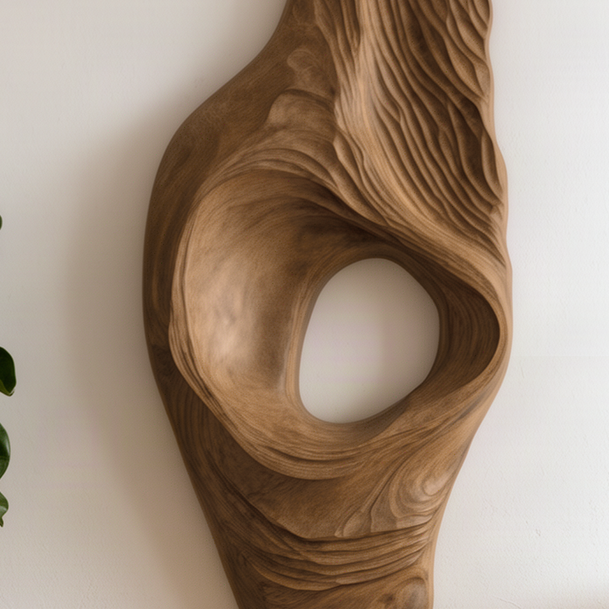 Close-up of the Driftara wall art showing fine hand-carved ridges, the smooth carved opening and wood grain