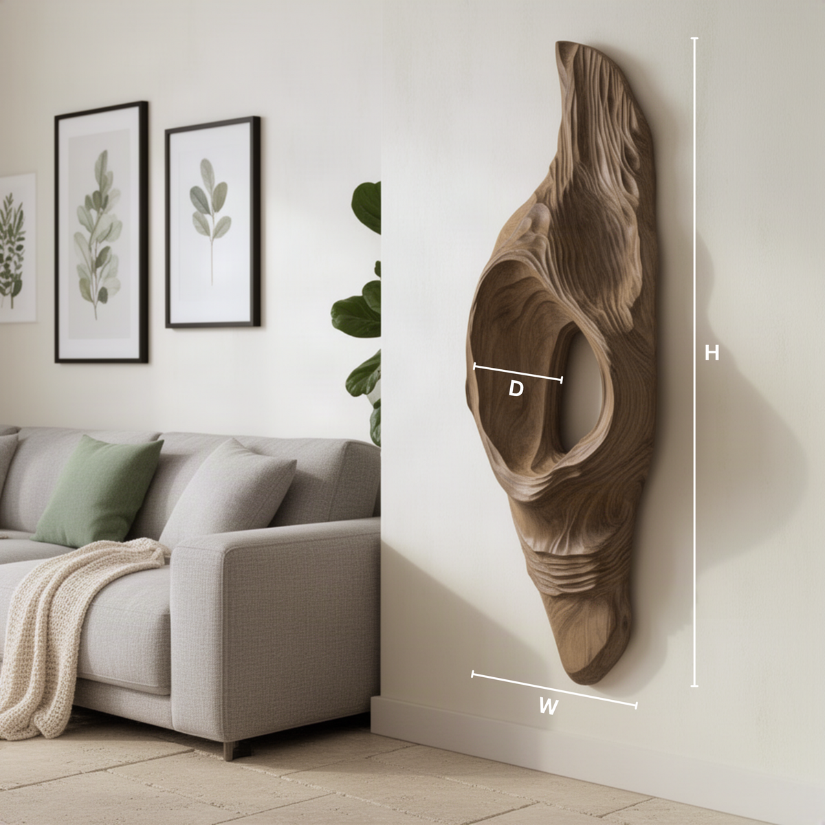 Driftara sculptural wood wall art dimension guide showing height, width and depth to choose the right size
