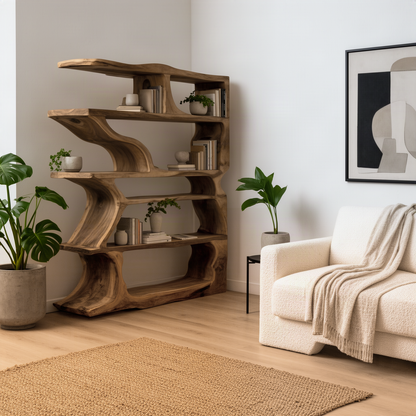 Cascadia bookshelf in Natural solid wood with live-edge shelves on flowing wave supports in a bright living room