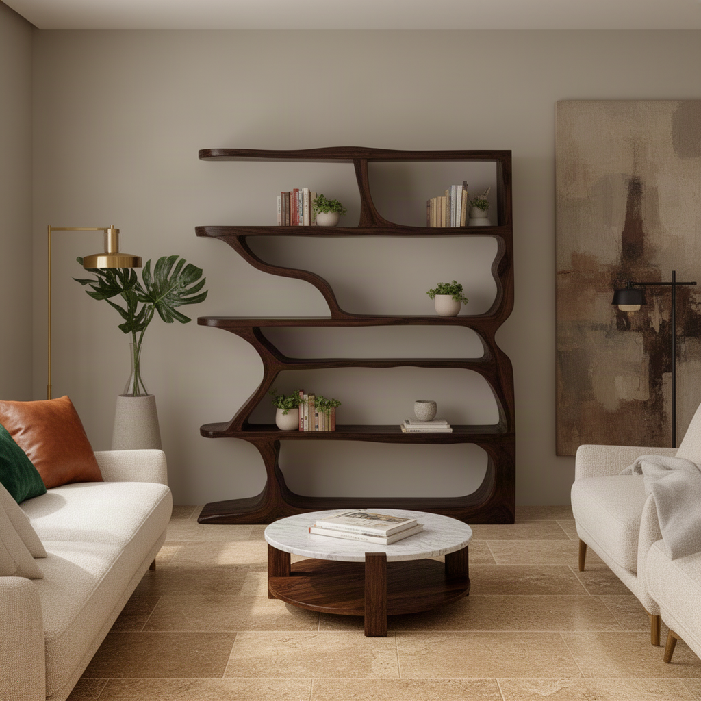 Cascadia sculptural wood bookshelf in Walnut, five live-edge tiers held by cascading curved wood supports