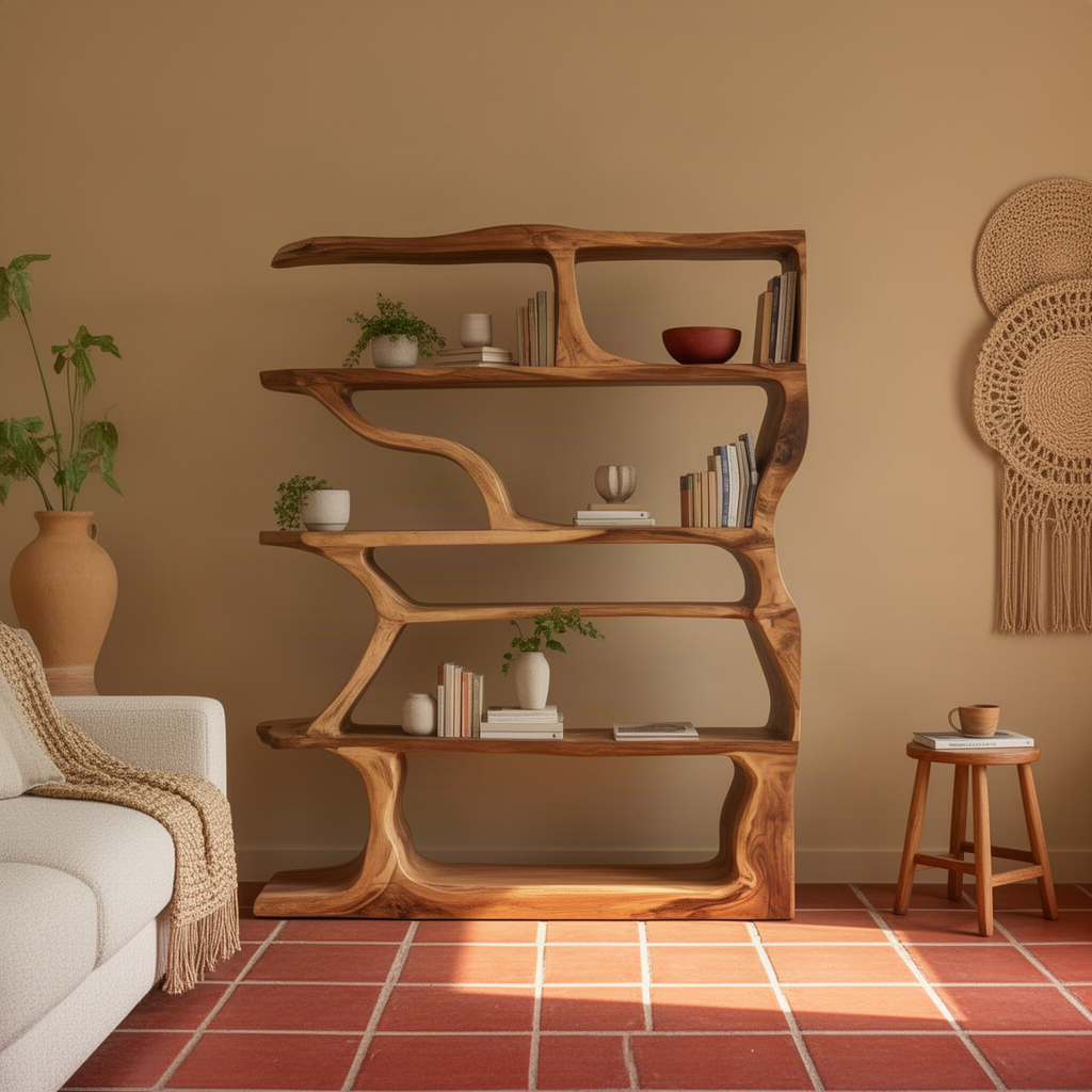 Cascadia live edge bookshelf in Brown finish with wave-like curved supports and open shelves for books