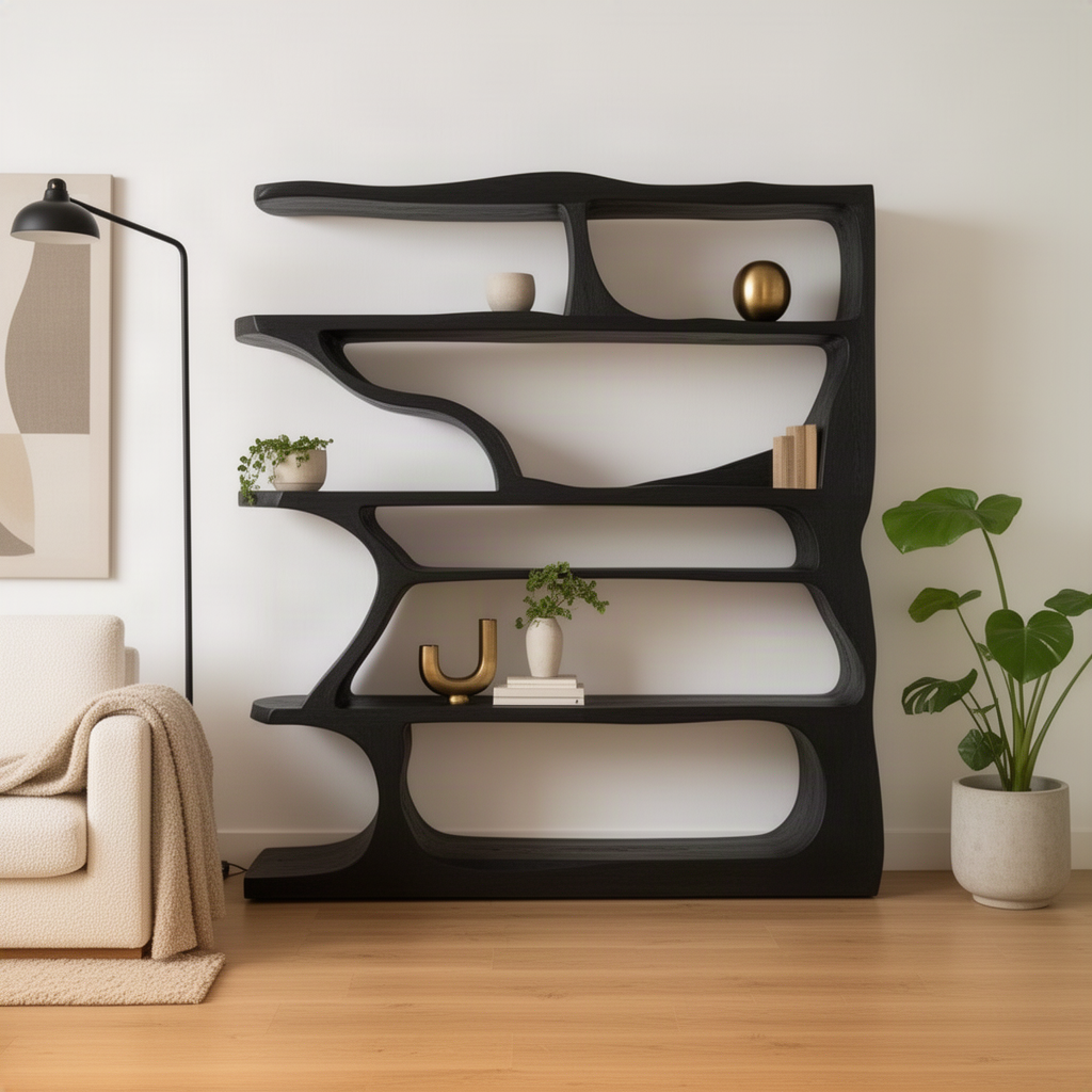 Cascadia sculptural bookshelf in Black solid wood with live-edge shelves and flowing curved supports