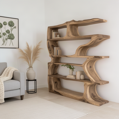 Cascadia wood bookshelf styled with books, plants and ceramics as a statement piece in a modern living room